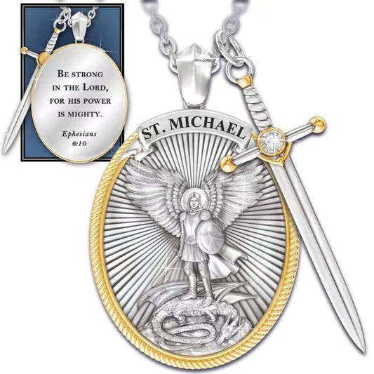 Archangel St. Michael Shield Protection Necklace Protect Me Holy Shield Angel Protect Round Shield Alloy Pendant Amulet Christian Jewelry Gift
