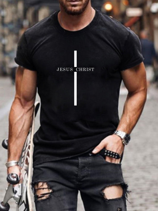Cross & Letter JESUS CHRIST Pattern Print Men's T-shirt, Graphic Tee Men's Summer Clothes, Men's Outfits